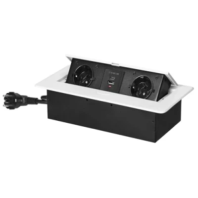 Afbeelding van Miratic Inbouw Stopcontact Werkblad met Vlakke Gefreesde Rand Meubelcontactdoos USB oplader 2 2P+Z (Schuko) 2X (Type A+C, 3,6A) Power Strip voor Bureau Kabel 1,5 m (Wit)