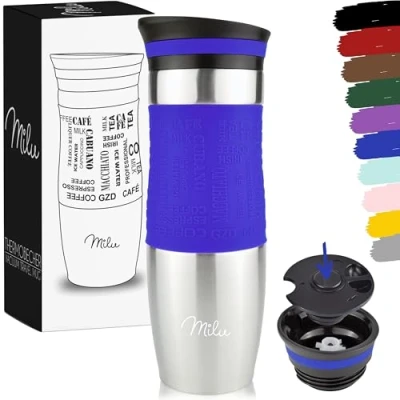 Afbeelding van Milu Thermosbeker 370ml 450ml Geïsoleerde mok Koffiemok voor onderweg 100% lekvrij Roestvrijstalen drinkmok Automok dubbele wand isolatie Thermo Reismok ( blauw, 450 ml).