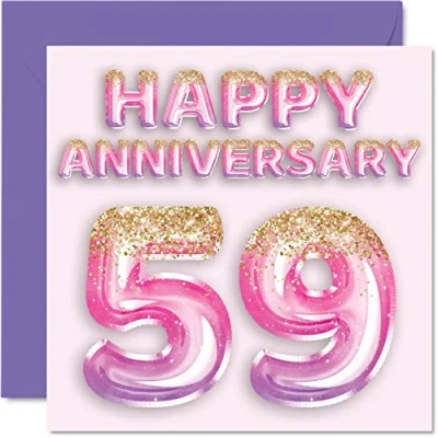 Afbeelding van Mooie 59e verjaardag kaart voor vrouw vriendin man vriend roze paarse glitter ballonnen gelukkige 59 kaarten van familie, 145mm x wenskaarten vijftig jubilea