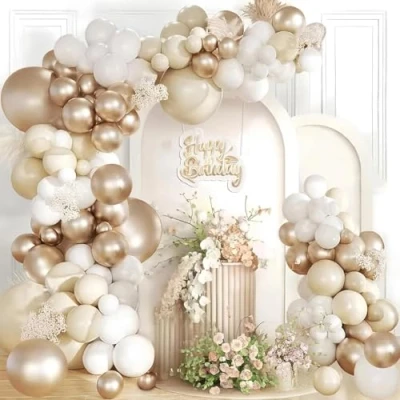 Afbeelding van Witte champagne gouden ballonboog kit, 115 stuks beige ballonslinger met wit zand ballonnen voor verjaardag, babyshower, boho, bruiloft, verloving, jubileumfeest decoratie