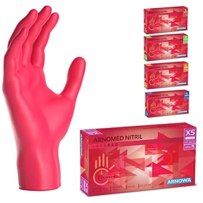 Afbeelding van ARNOMED wegwerphandschoenen rood, nitril handschoenen XS, met 100 stuks per doos, poedervrij. Latexvrije rubber handschoenen, verkrijgbaar in S, M, L &amp; XL