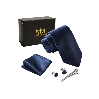 Afbeelding van Stropdas set Donkerblauw met manchetknopen, pochet en dasspeld luxe stropdassen voor heren in Geschenkdoos Mens tie Donker marineblauw
