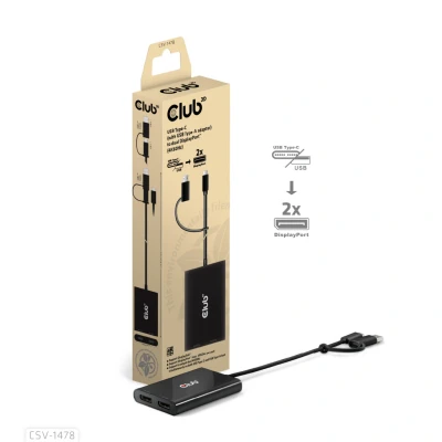 Afbeelding van Onderdelen: VGA kaarten: Club 3D USB Type C (with A adapter) todual DisplayPort(4K60Hz) Video Splitter