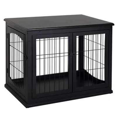 Afbeelding van PawHut Hondenkooi voor dieren, MDF houten kooi, klasse E1, 3 deuren, afsluitbaar, max. 30 kg, afmetingen: 81 x 58 66 cm, zwart