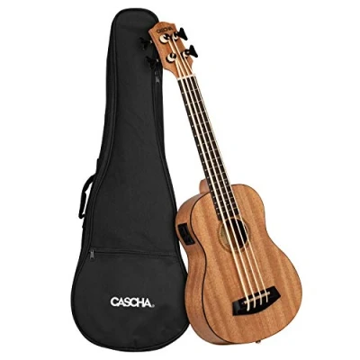 Afbeelding van CASCHA HH 2175 Bass ukelele van mahonie, bas met tas, stemapparaat, pick up systeem, set Aquila Thundergut snaren, kleine Hawaï gitaarbas voor beginners en gevorderden