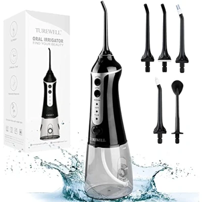 Afbeelding van TUREWELL FC1591 oral monddouche, draadloos, elektrisch met 3 modi en 5 sproeiers, waterflosser IPX7 waterdicht, USB opladen, 300 ml, irrigator tandreiniger voor thuis op reis