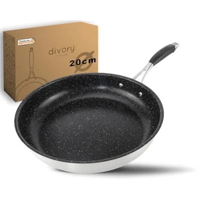 Afbeelding van DIVORY Roestvrijstalen pan 20 cm ULTIME inductie I kleine braadpan met anti aanbaklaag voor alle warmtebronnen, inductiepan, ergonomische handgreep, vaatwasmachinebestendig (20 cm, zwart)