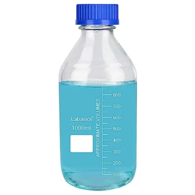 Afbeelding van Labasics Ronde Mediaopslagflessen met GL45 Blauwe Schroefdop, Borosilicaatglas Transparante Brede Mond Afgepaste Reagens Media Opslaglabfles, 1000 ml