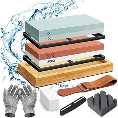 Afbeelding van slijpsteen, messenslijper, inclusief korrel 400/1000 3000/8000, dubbelzijdige 2 in 1 wetsteen, antislip bamboebasis, hoekgeleiding
