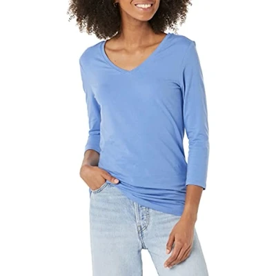 Afbeelding van Amazon Essentials Women&#039;s T shirt met driekwartmouwen en V hals in klassieke pasvorm (verkrijgbaar grote maten), Blauw, XS