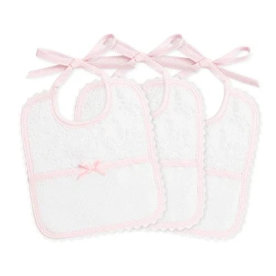 Afbeelding van Filet Set van 3 slabbetjes voor pasgeborenen in rechthoekige vorm hoogwaardige witte badstof tas gemaakt Aida stof om op te borduren Afmetingen: 18 x 21 cm palet wit en roze