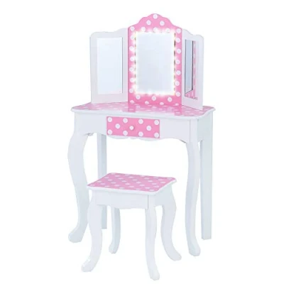 Afbeelding van Teamson Kids Houten Kaptafel Kinderen Met LED Licht Spiegel Tafel en Stoel Set Polka Dot Roze/Wit