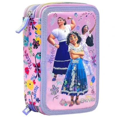 Afbeelding van Julian Ross Drievoudig gevuld etui voor kinderen, 45 accessoires de basisschool, 3 ritssluitingen, georganiseerde vakken, kleurpotloden, viltstiften, lijm, schaar, Encanto Sisters, pennenhouder