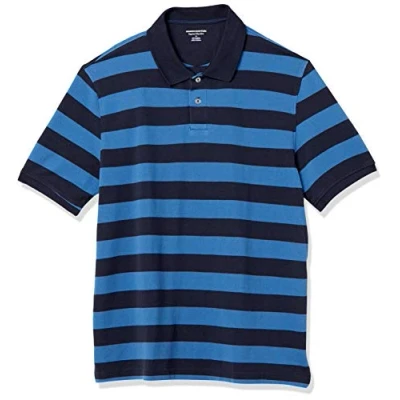 Afbeelding van Amazon Essentials Men&#039;s Poloshirt van piqué katoen met normale pasvorm (verkrijgbaar in grote en lange maten), Zwart Blauw Streep, L