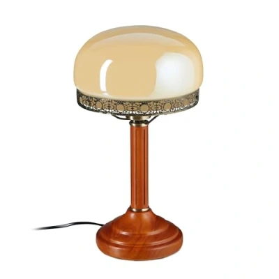 Afbeelding van Relaxdays tafellamp retro, 39 cm hoog, nostalgisch design, art deco, lampe met houten voet, rond, messing look