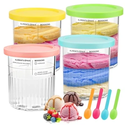 Afbeelding van Euleryoo 4 stuks reserveglazen ijsmachine met deksel, geschikt voor ijsmachine, ijshouder deksel Nc500 Nc501, Deluxe Pint houder, Ninja Creami 11 in 1