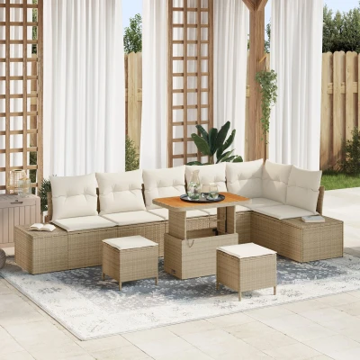 Afbeelding van vidaXL 9 delige Tuin Sofa Set met Kussens Beige Poly Rattan Acacia