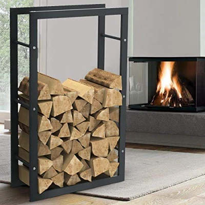 Afbeelding van BAKAJI Houten rek, verticaal, rechthoekig, metaal, voor binnen, hout, huis, tuin open haard, oven, modern design (100 x 25 60 cm)