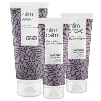 Afbeelding van serie Scheren Intieme zone 3 producten voor het verwijderen van rode bultjes, Vlekjes en ingegroeide Haren Na Scheren. De bevat: Intim Wash 200ml, Shave 100ml, aftershave balsem 100ml Australian Bodycare