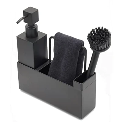 Afbeelding van Spoelbakorganizer, Zwart, van Roestvrij Staal, gootsteenorganizer, keuken en badkamer, zeepdispenser, set met afwasborstel vaatdoekje, keukenorganizer