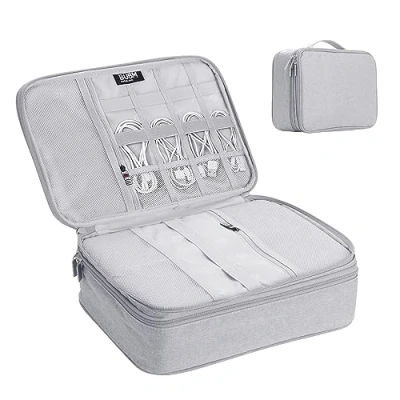 Afbeelding van TsunNee Extra grote dubbellaagse reiskabel organizer tas, draagbare elektronica accessoires opbergtas met 2 compartimenten, grijs