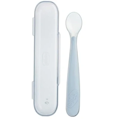 Afbeelding van Chicco Ontwenlepel van siliconen met hoes, zachte lepel voor baby&#039;s en kinderen, zacht flexibel, ergonomische handgreep lange gebogen handgreep, vanaf 6 maanden, grijs