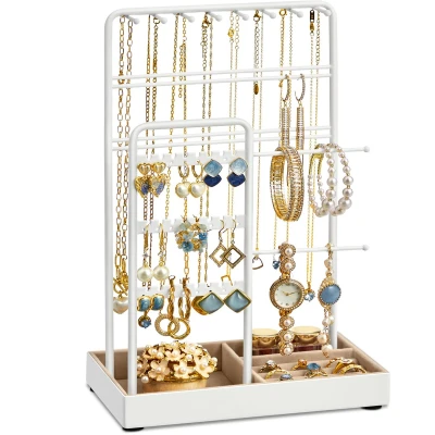 Afbeelding van SONGMICS JJS021W01 Sieradenstandaard met metalen frame en fluwelen dienblad, houder voor oorbellen armbanden, kettingstandaard, oorstekers, ringen, cadeau idee, wit