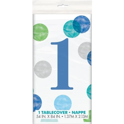 Afbeelding van Tafelkleed First Birthday Blue Dots 137x213cm