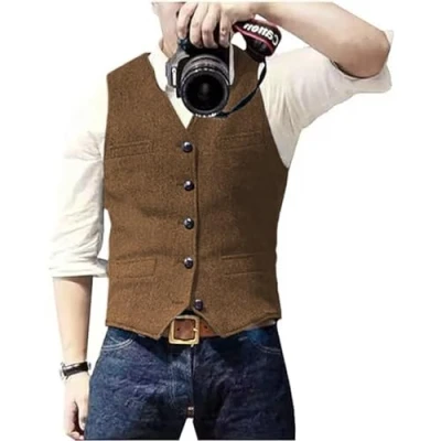 Afbeelding van Solovedress Casual wollen vest met visgraatpatroon voor onder pak, v hals, tweedvest bruiloft, groomsmen, bruin, M