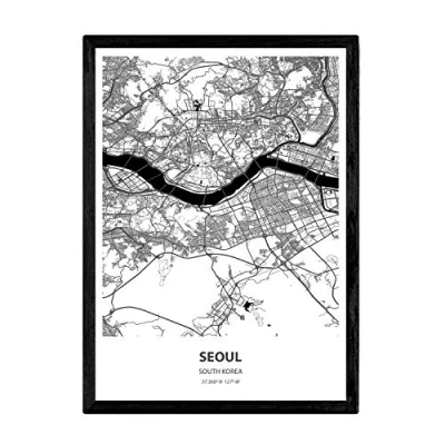 Afbeelding van Nacnic poster met kaart van Seoul Zuid Korea. Blades Aziatische steden zeeën en rivieren in zwarte kleur. A4 formaat