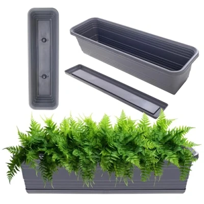 Afbeelding van KADAX Wamat, bloembak met onderzetter, of zonder bloembakhouders, kunststof balkonpot, plantenbak, balustrade, bloempot (antraciet, 60 cm)