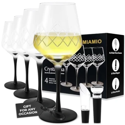 Afbeelding van 380 ml witte wijnglazen, set van 4 grote premium kristallen wijnglazen met zwarte steel + wijnstop en beluchter