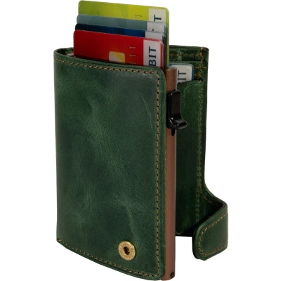 Afbeelding van Tony Perotti Furbo Anro Pull up leren Pasjeshouder RFID met papier en kleingeldvak Groen/bruin