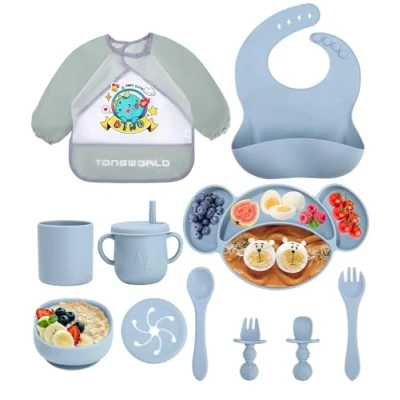 Afbeelding van Jissta siliconen babyserviesset, babyborden, 11 delige set, kinderbord met zuignap, waterdichte babyslabbetjes, borden, antislip, BPA vrij, blauw