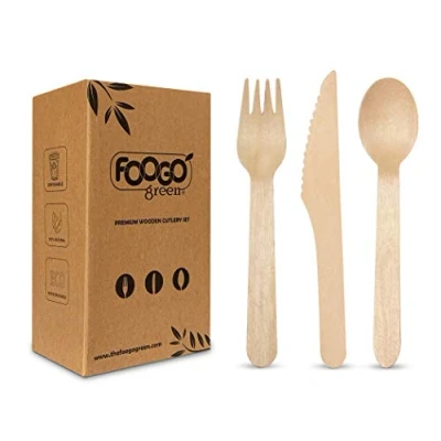 Afbeelding van FOOGO Green 450stk Wegwerp Houten Bestek Set 150 x Vorken, Lepels, Messen 16cm lang Milieuvriendelijk 100% natuurlijk BerkenhoutPicknick Bruiloft Servies Beter dan Plastic