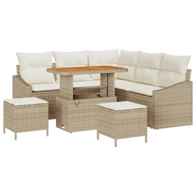 Afbeelding van vidaXL 8 delige Tuin Sofa Set met Kussens Beige Poly Rattan Acacia, 2 zits Rattan, 3 Eet Acacia