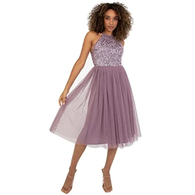 Afbeelding van Maya Deluxe Dames midi jurk met halter hals tule voor avondafstuderen prom bruiloft bruidsmeisjes baljurk, Moody Lila, 38