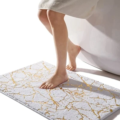 Afbeelding van QJHOMO Badmat, antislip, wasbaar, wit, badkamertapijt, goud, decoratief tapijt, luxe, badkameraccessoires, zachte microvezel, absorberend, badmat voor badkamer, bad, 50 x 80 cm