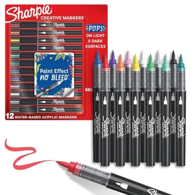 Afbeelding van Sharpie Creative Marker Acrylverfmarkers Brushtip Verfmarkers op waterbasis Inkt loopt niet door en geschikt voor de meeste oppervlakken Diverse kleuren 12 stuks