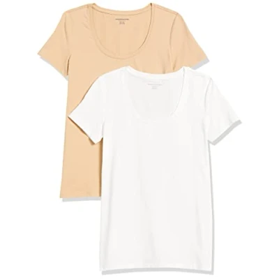 Afbeelding van Amazon Essentials Dames Classic Fit T shirt met korte mouwen en ronde hals (verkrijgbaar in grote maten), 2 stuks, wit/licht camel, S
