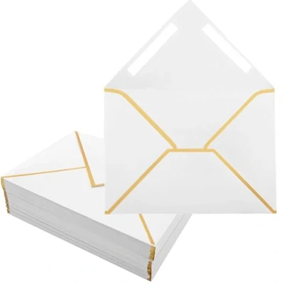 Afbeelding van 50 stuks witte enveloppen, 16,5 x 12 cm, uitnodigingsenveloppen, 10 15 zelfklevende V klep, folierand, luxe enveloppen voor bruiloft, uitnodigingen, babyshower, verjaardag