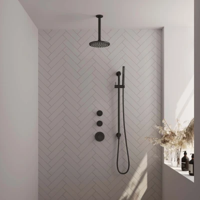 Afbeelding van BRAUER Black Edition thermostatische inbouw regendouche SET 17 met 20 cm douchekop en plafondarm staaf handdouche doucheslang geïntegreerde