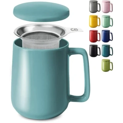 Afbeelding van Cosumy Theekop met thee ei en deksel 500ml groot Keramisch Blijft lang warm Poederroze (Aqua Blauw)