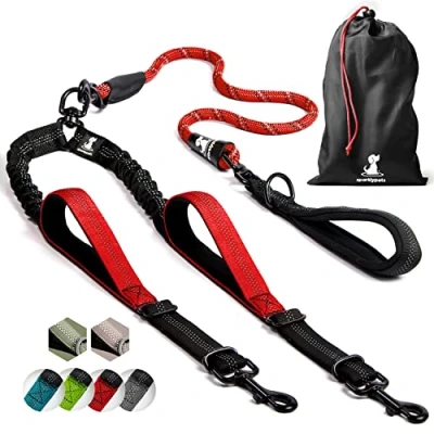 Afbeelding van SparklyPets dubbele hondenriem voor 2 honden touw bungee middelgrote en grote met gewatteerde handgrepen, geen wirwar reflecterende strepen (rood, honden)