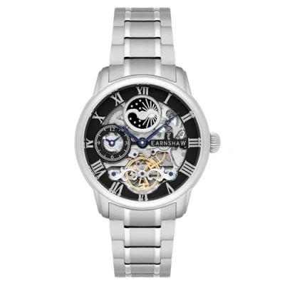 Afbeelding van Thomas Earnshaw Mens 44mm Longitude Dual Time Automatisch Skelet Horloge met Roestvrij Stalen Armband, 12 Uur Time, Zon &amp; Maan Display en Versierde Rotor, Zwart/Zilver, ES 8006 11