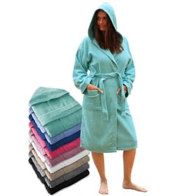 Afbeelding van LEBENGOOD Badjas voor dames met capuchon, 100% Amerikaanse badstof, 400 g, zakken, zachte badjas, badhanddoek, Water, XXL