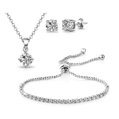 Afbeelding van Philip Jones Verzilverde Solitaire Vriendschap Set Gemaakt met Zirkondia® Kristallen, kristal, Zirkonia