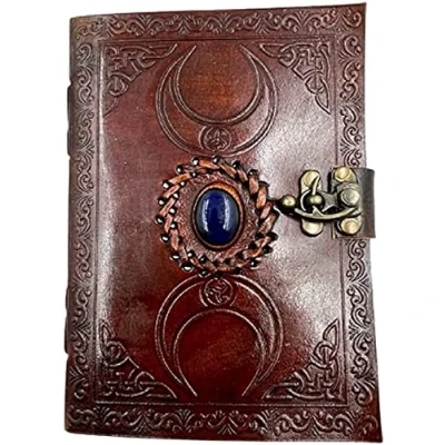 Afbeelding van OVERDOSE Brown Moon Stone Leather Journal met sleutel, antiek handgemaakt deksel, vintage, papier, leer, schetsboek en leren boek, 5x7 inches 12 x 17 cm
