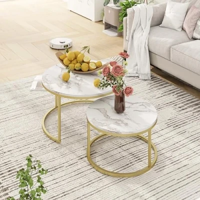 Afbeelding van hitsuki salontafel goud Set van 2 met 1 grote rond en kleine tafel bijzettafel wit metalen frame woonkamertafel Mode rn
