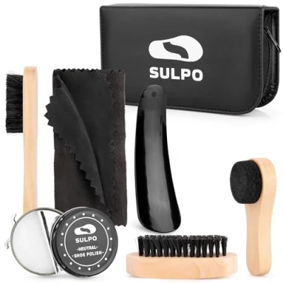 Afbeelding van SULPO Schoenborstelset, 7 in 1, leerschoenen, verzorging, reisborstelset, schoenverzorging, leerverzorging, schoenpoetsset, ecologisch lederen etui, 2 schoenpoetsen, kleurloos, Eén Maat